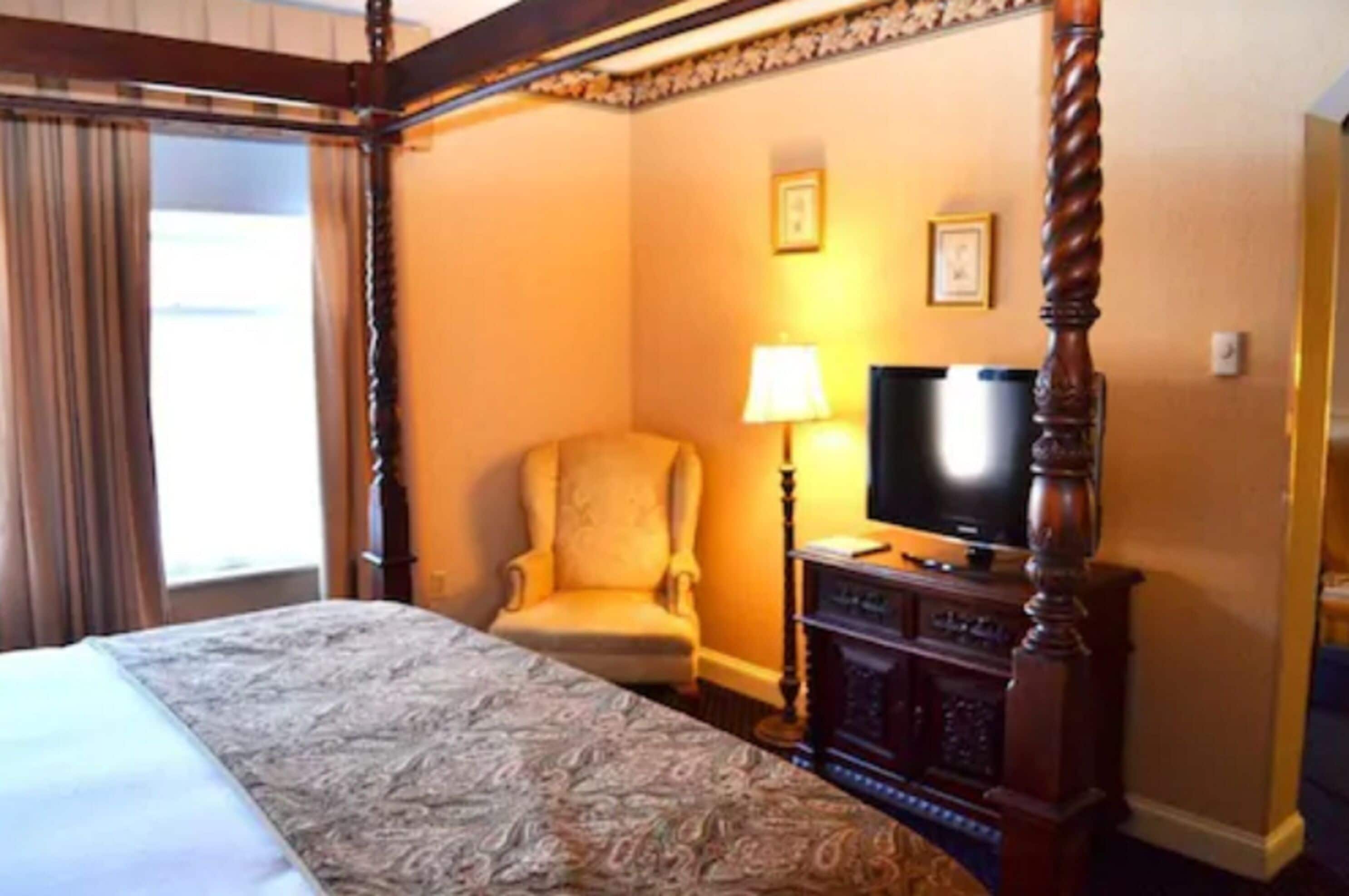 Une chambre d’hôtel avec un lit à baldaquin, une télévision, une chaise et une lampe.