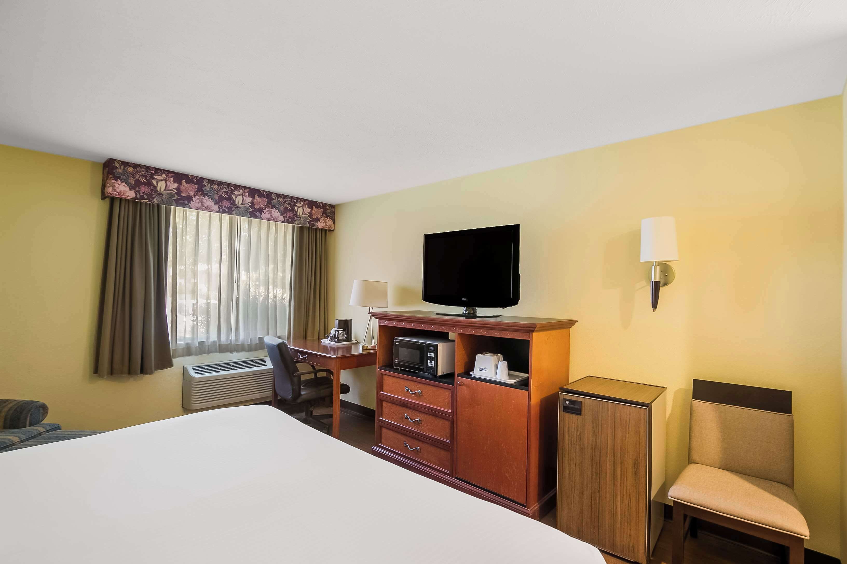 A hotel room with a bed, a desk with a chair, a television, a microwave, a cabinet, and a lamp.