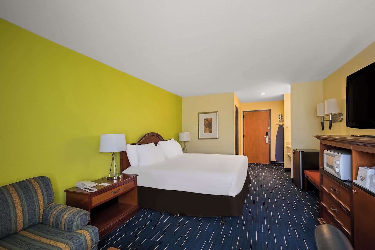 A hotel room with a bed, a sofa, a desk with a lamp, a television, and a microwave.