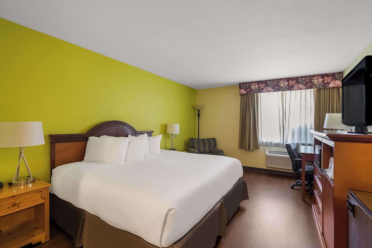 A hotel room with a large bed, a desk with a television, a chair, and a lamp.