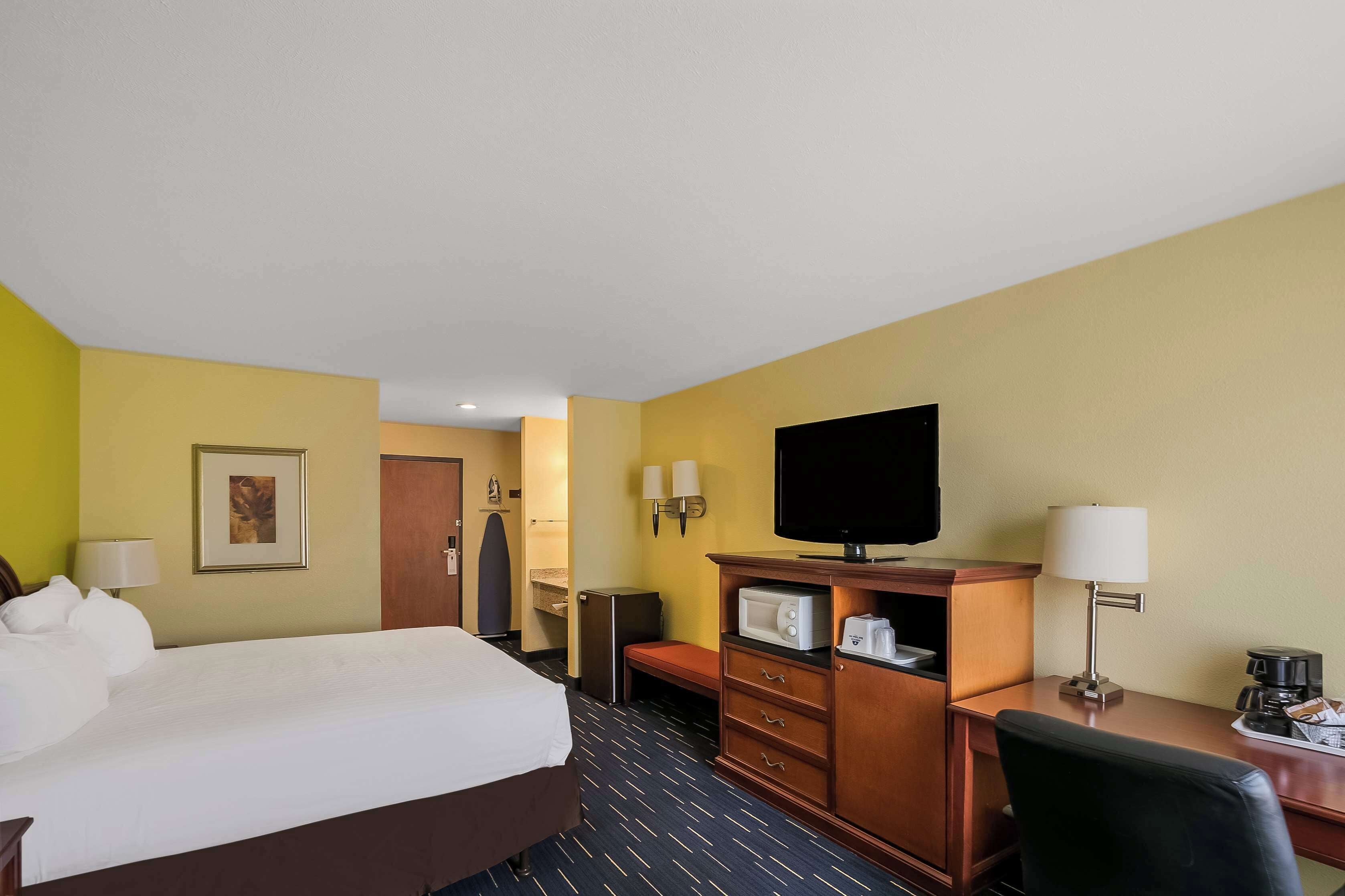 A hotel room with a bed, a desk, a television, a lamp, and a microwave.