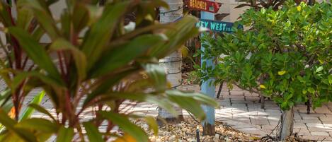 A directional signpost with multiple arrows pointing to various hotel amenities such as rooms, laundry, office, pool, beaches, and a key west area.