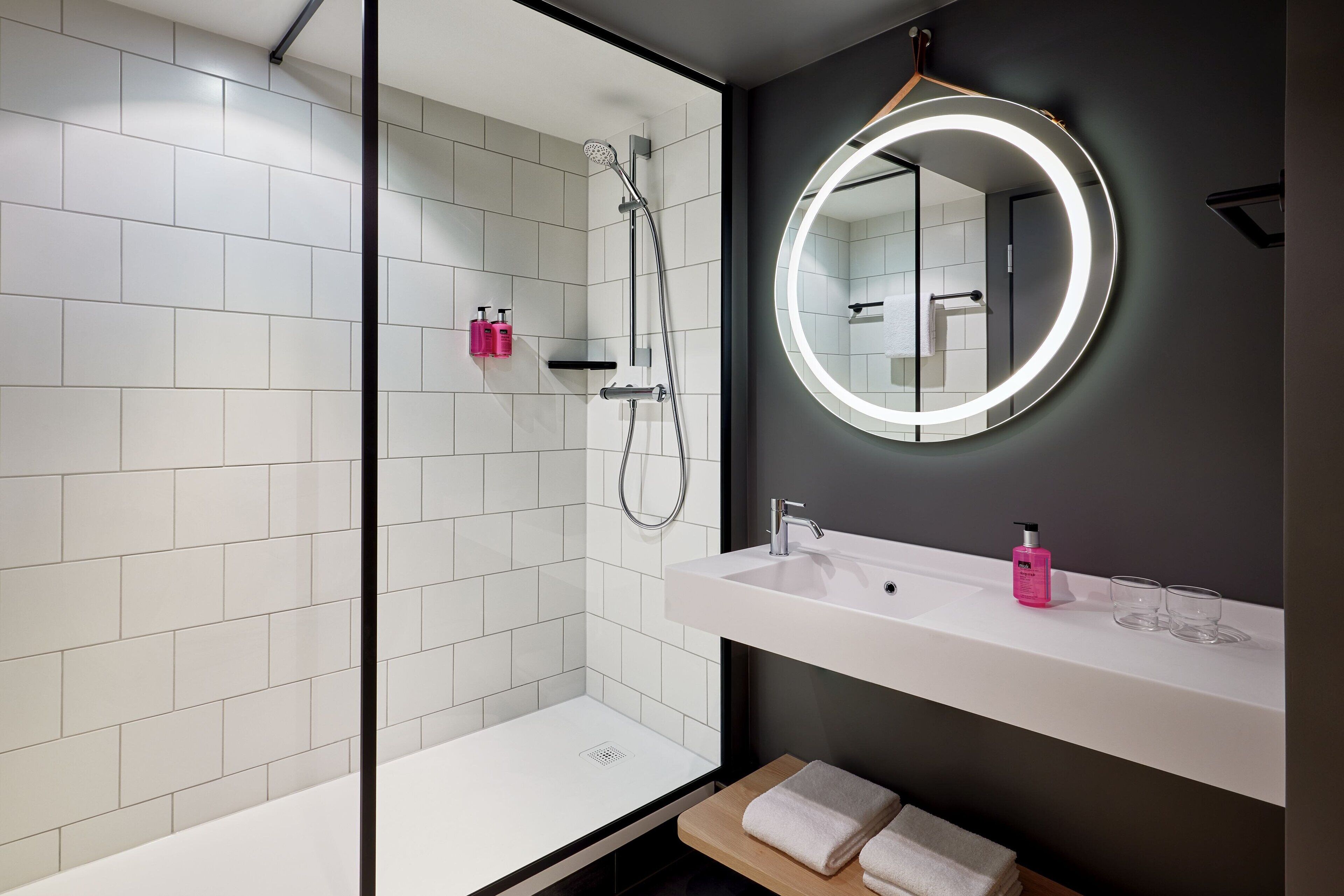 eco-friendly toiletries, hair dryer, towels, soap