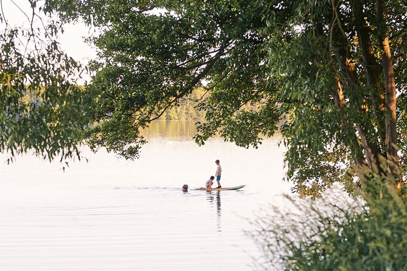 Un lago sereno con dos personas en una tabla de remo, rodeado de árboles.