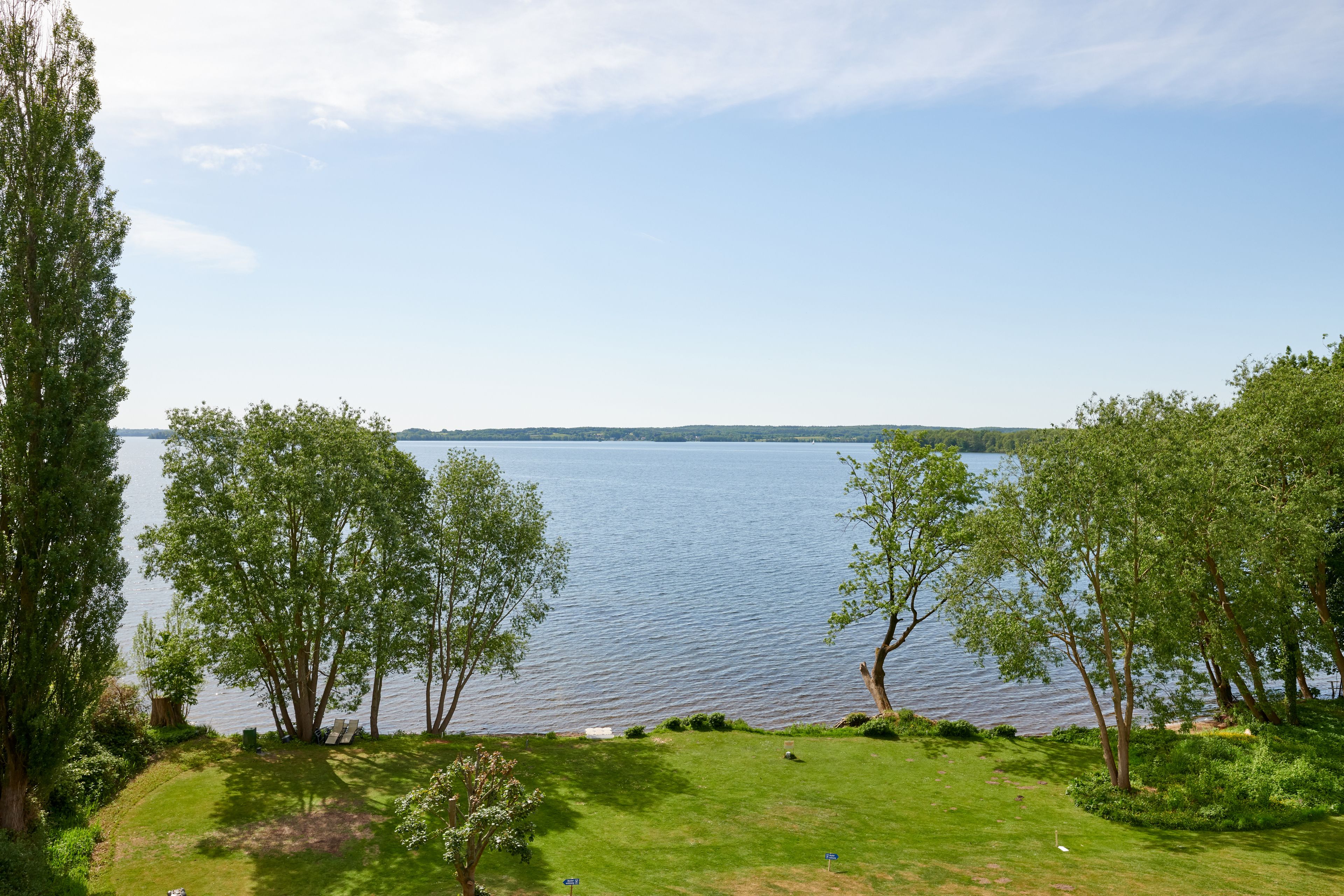 A lakeside view with a grassy area, trees, and a clear sky.