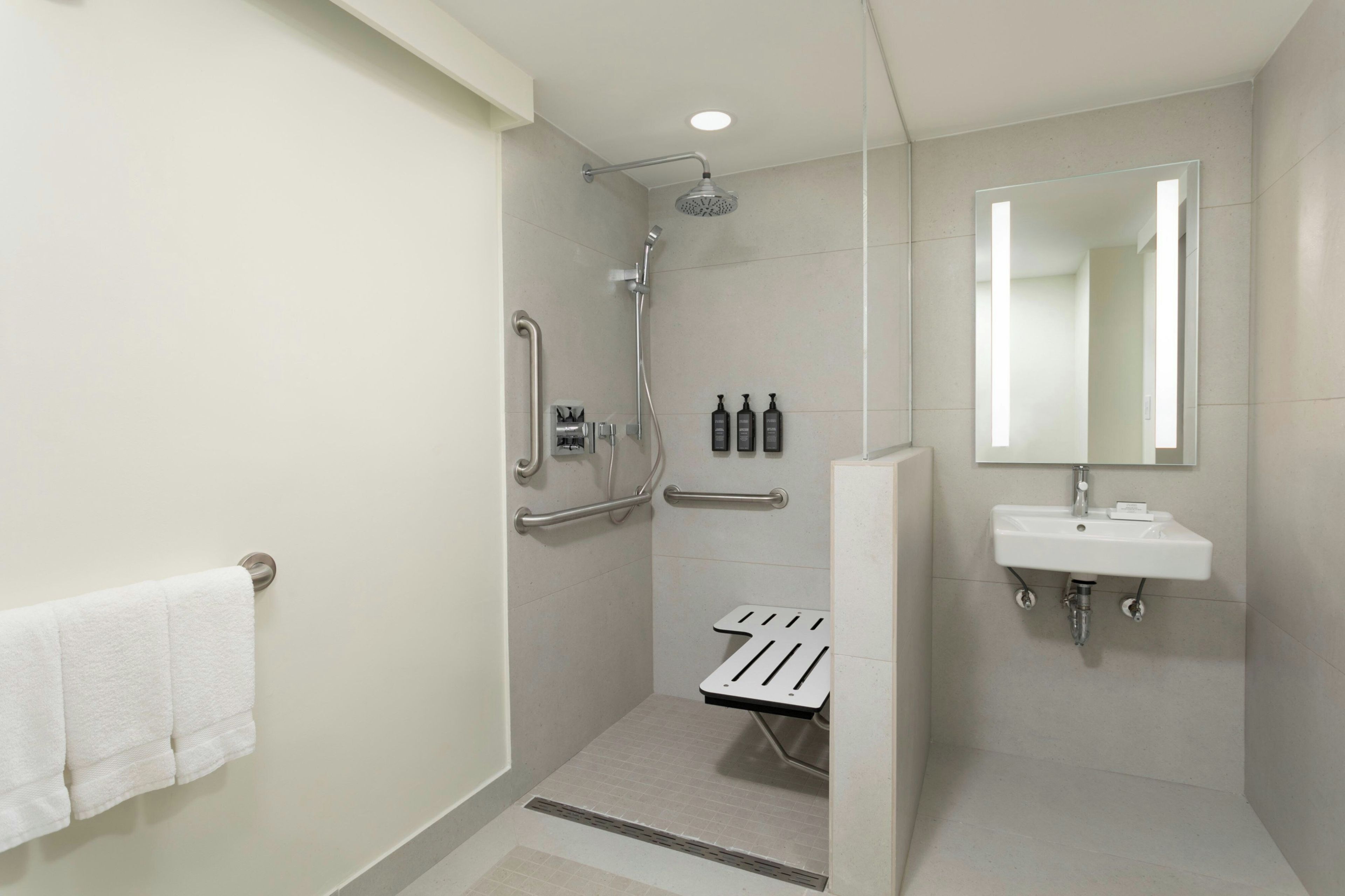 A modern bathroom with a walk-in shower, grab bars, a toilet with a safety bar, a sink, and a mirror.