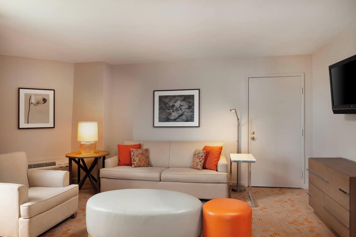 suite, 1 bedroom, non smoking | living area | 55-inch lcd tv with cable channels, tv, ipod dock