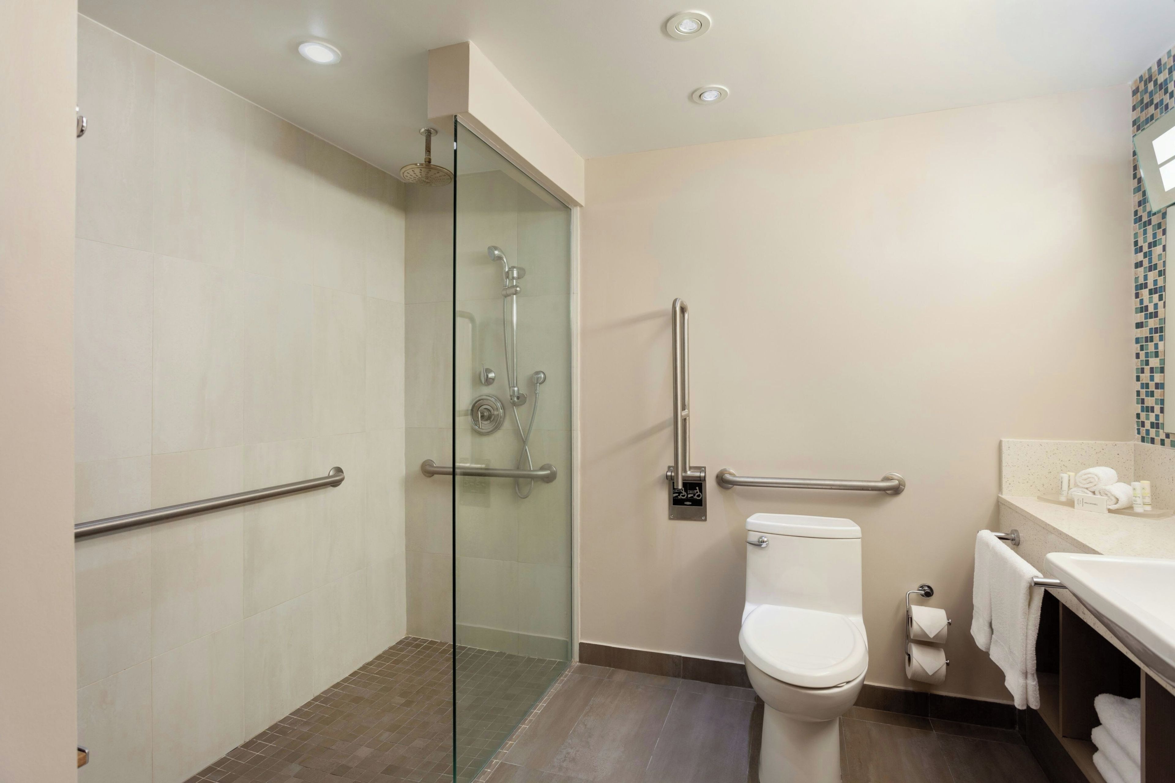 A modern bathroom with a glass-enclosed shower, a white toilet, and a sink with a towel rack.