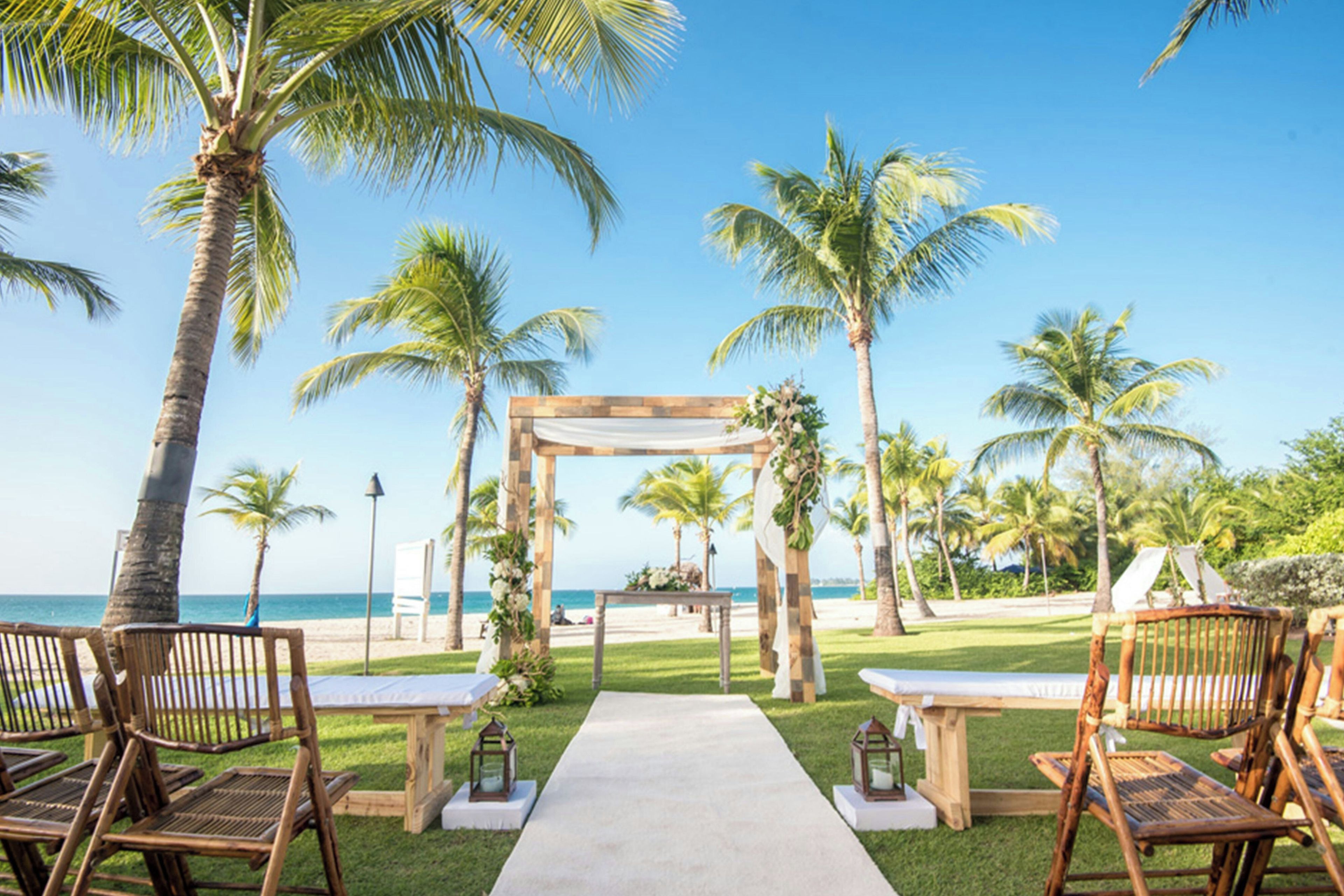 A beachside wedding setup with a wooden archway, seating, and palm trees.