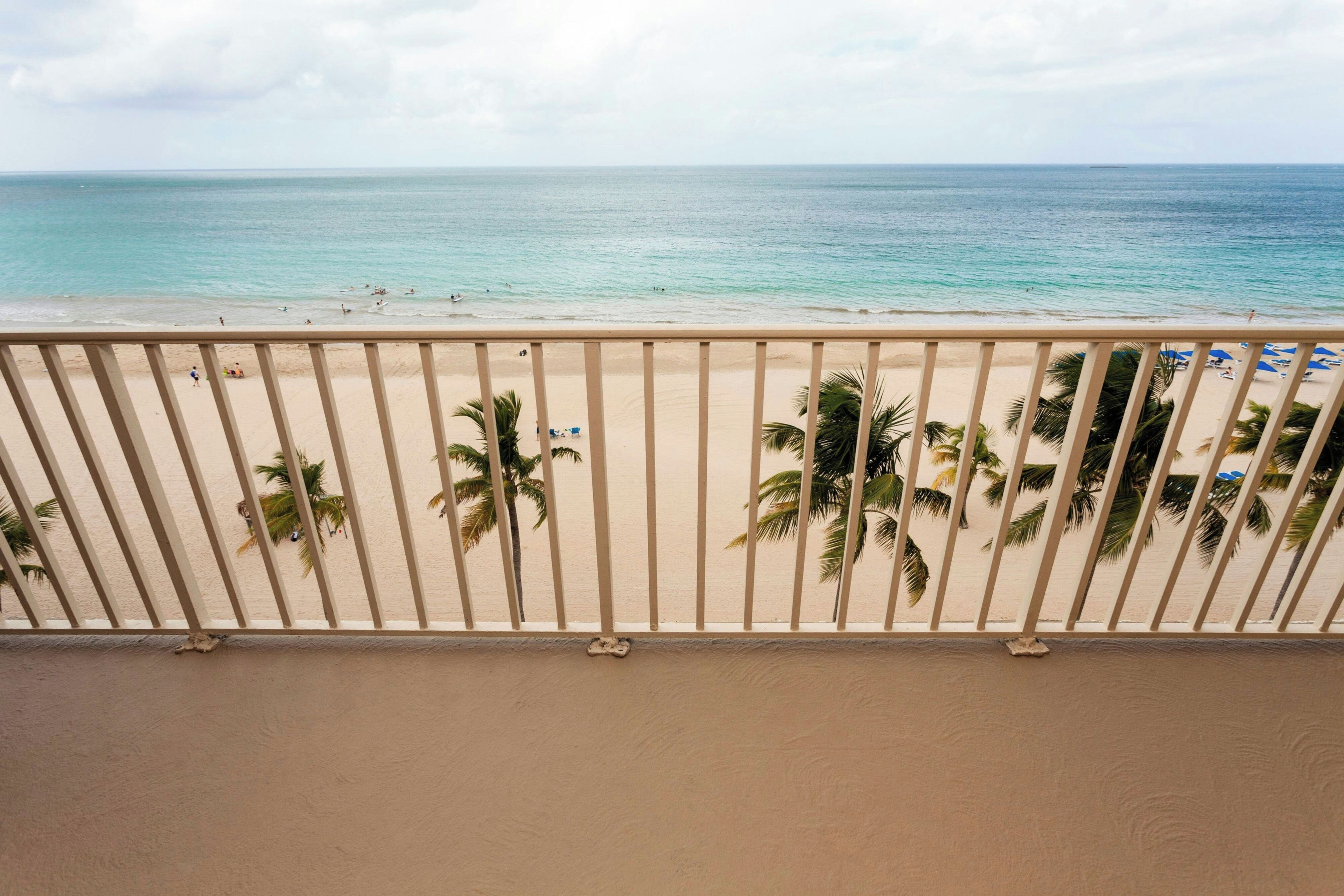 A beach view with a railing, palm trees, and a clear sky.