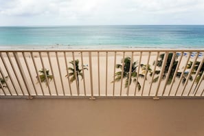 A beach view with a railing, palm trees, and a clear sky. - Marriott Isla Verde Beach Resort (Carolina)
