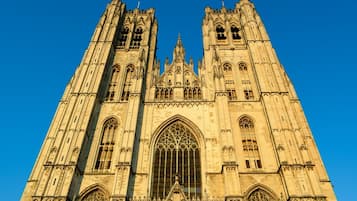 Een grote gotische kathedraal met twee torens en een roosvenster.