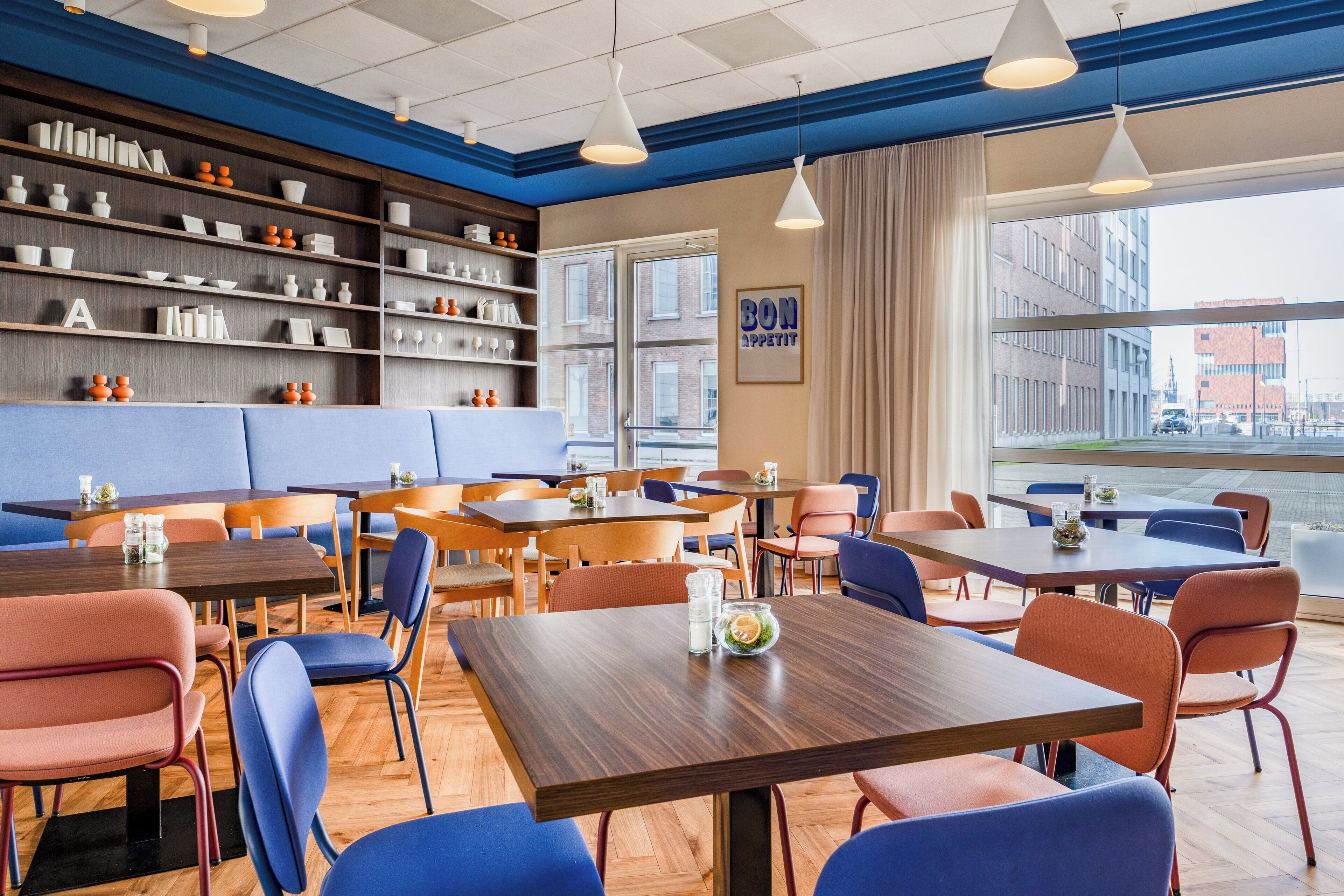 A modern restaurant with wooden tables and blue chairs, a blue accent wall, and shelves with dishes and glasses.