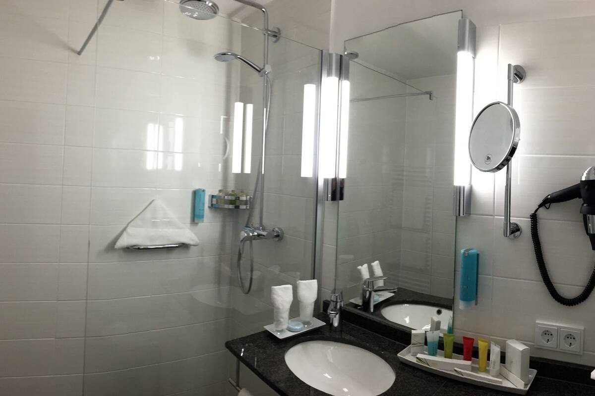 shower, free toiletries, hair dryer, towels