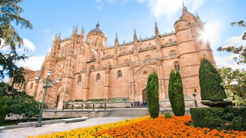 Una catedral histórica con arquitectura intrincada, una entrada imponente y un jardín bien cuidado con flores.