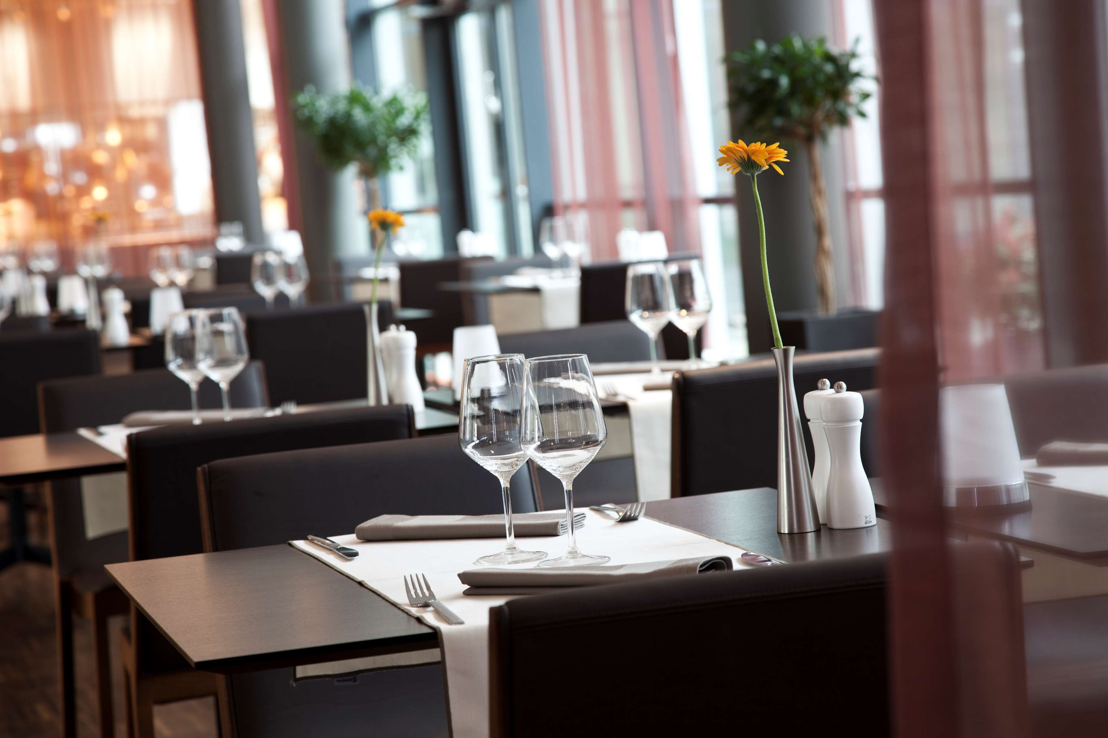 Ein Restaurant mit gedeckten Tischen, klarem Glas und einer Vase mit einer einzelnen Blume.