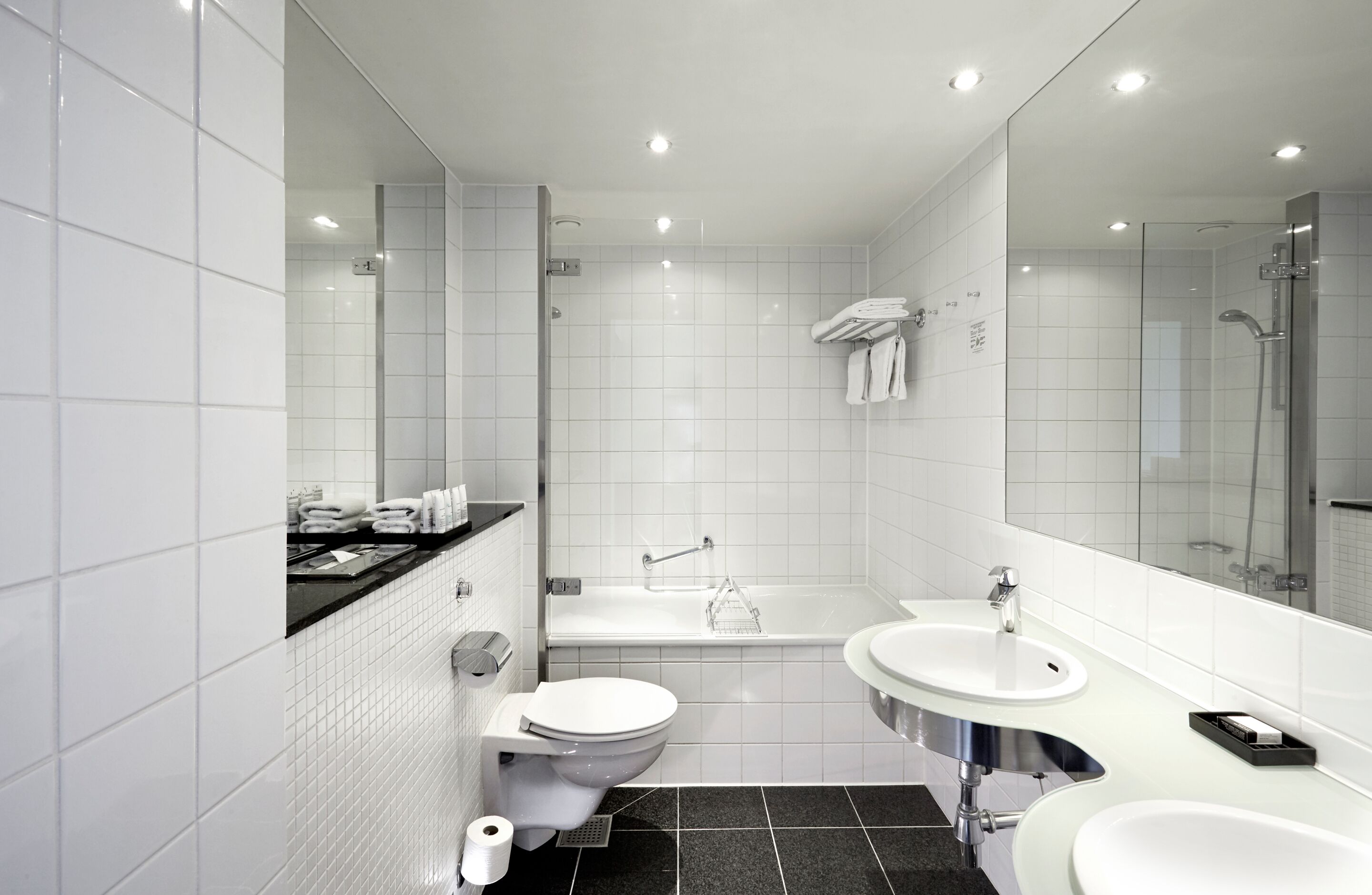 Un baño moderno con inodoro, lavabo y ducha.
