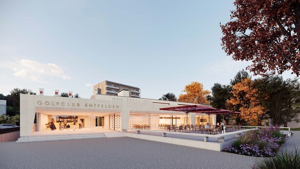 A modern building with a sign reading "GOLFCLUB ENTFEHLDEN". - Hotel aarau-WEST (Oberentfelden)