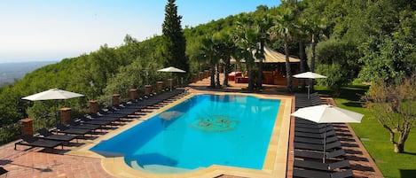 Una piscina rectangular con sillas de descanso y sombrillas, rodeada de exuberante vegetación y un cielo despejado.