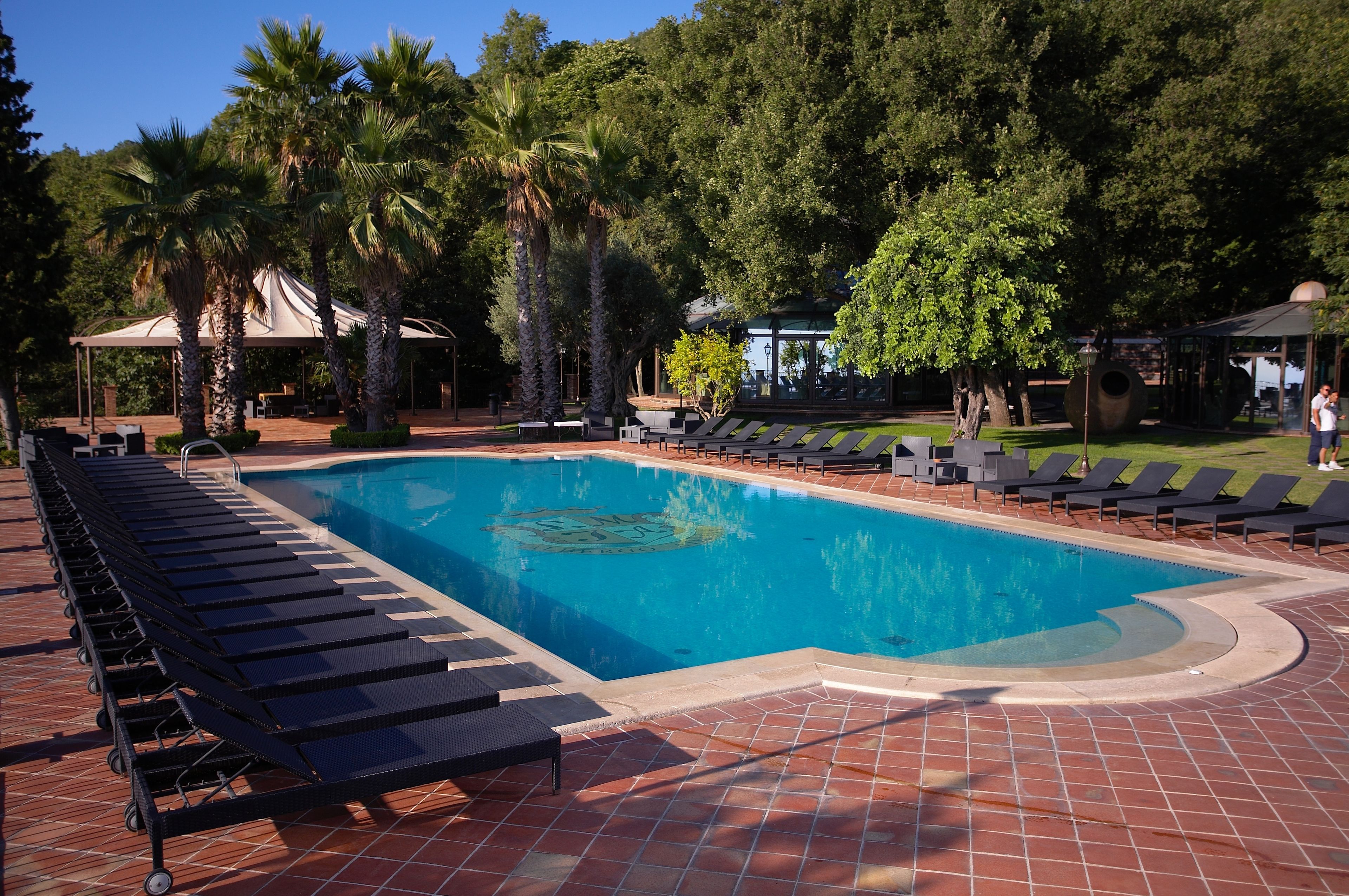 Ein Swimmingpool mit Liegestühlen und Palmen.