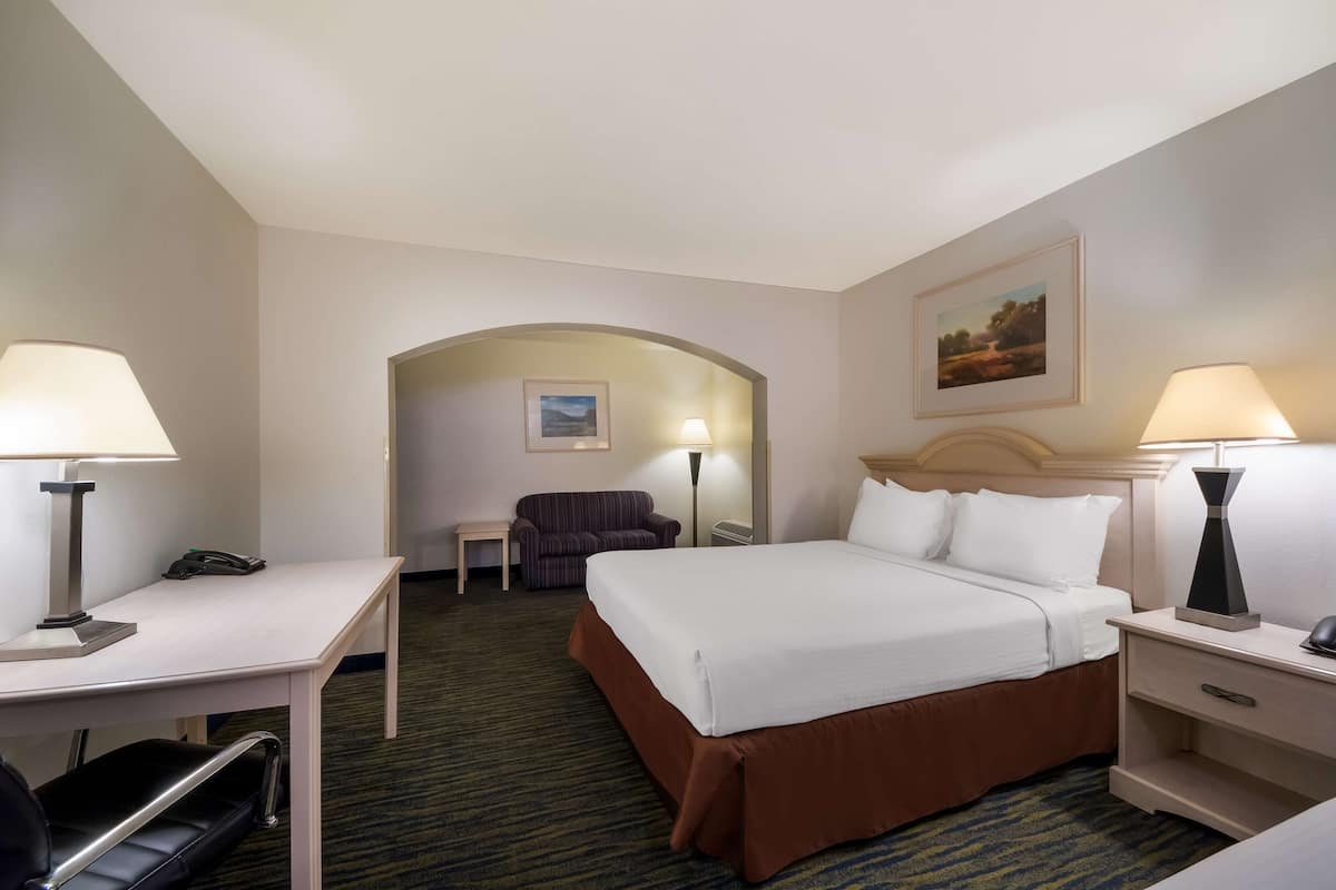 A hotel room with a bed, desk, chair, and a small table.