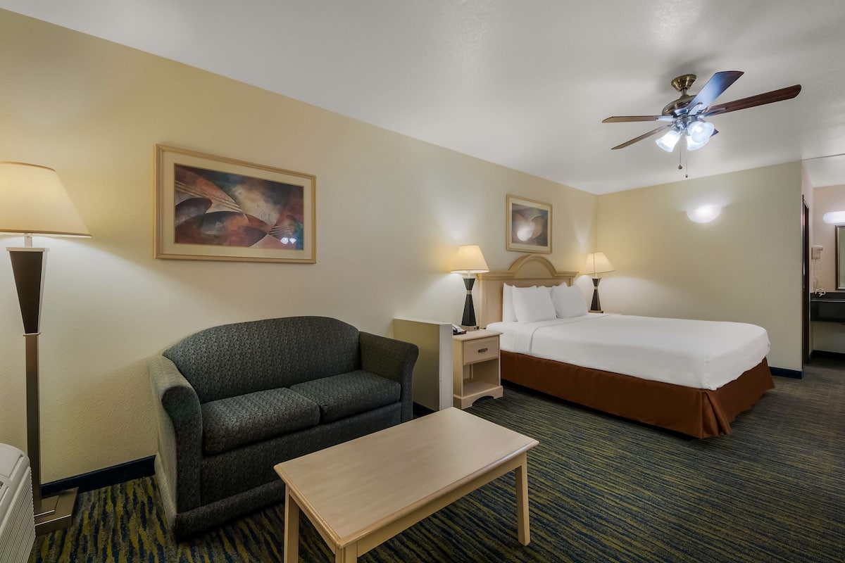 A hotel room with a bed, a sofa, a table, two lamps, and a ceiling fan.