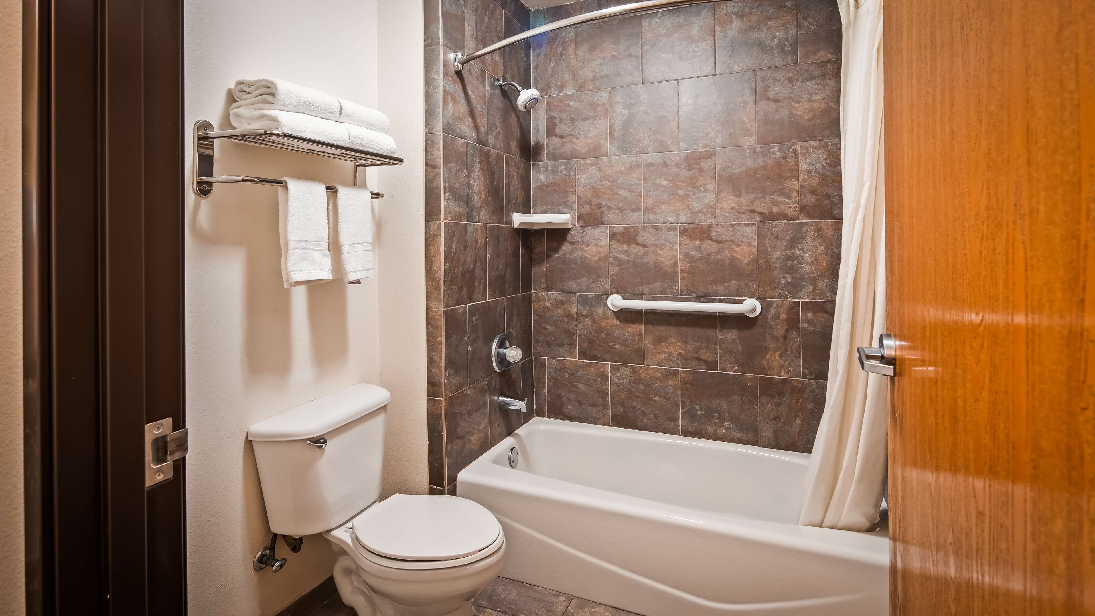 combined shower/bathtub, free toiletries, hair dryer, towels