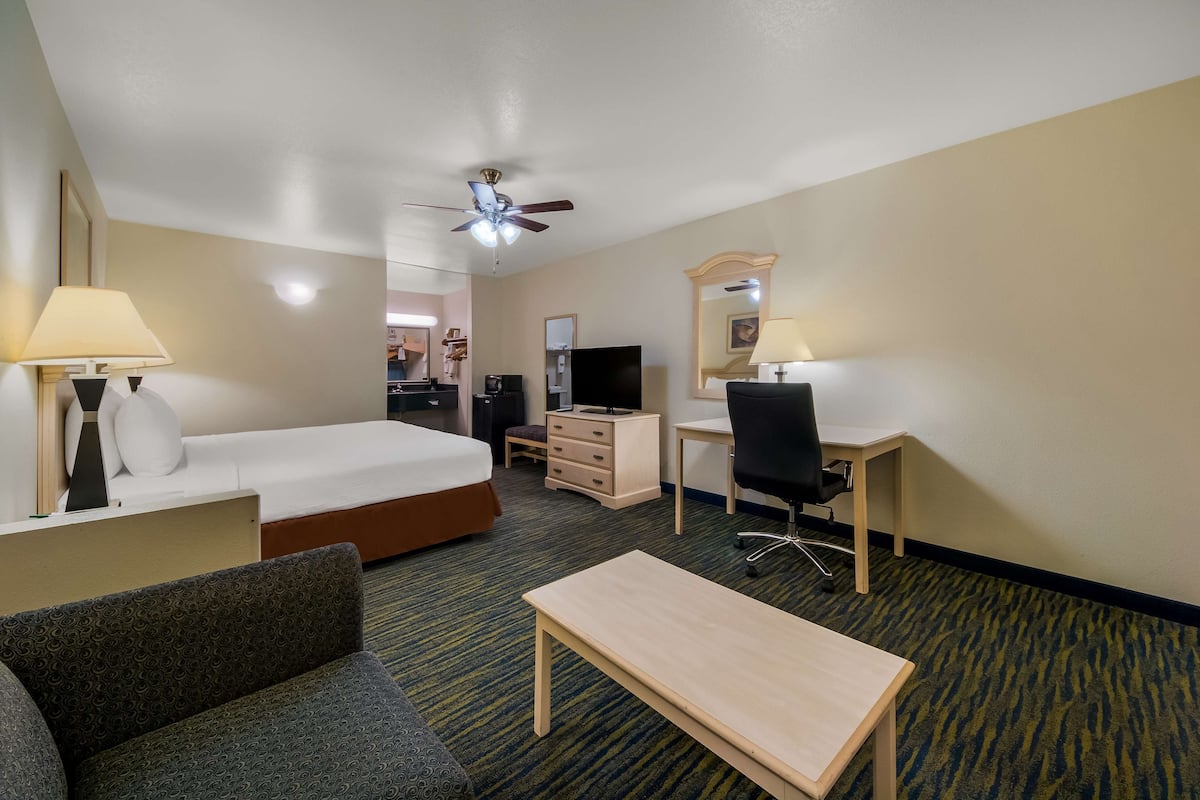 A hotel room with a bed, desk, chair, and a small table.