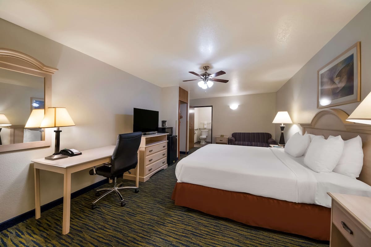 A hotel room with a bed, desk, chair, television, and a ceiling fan.