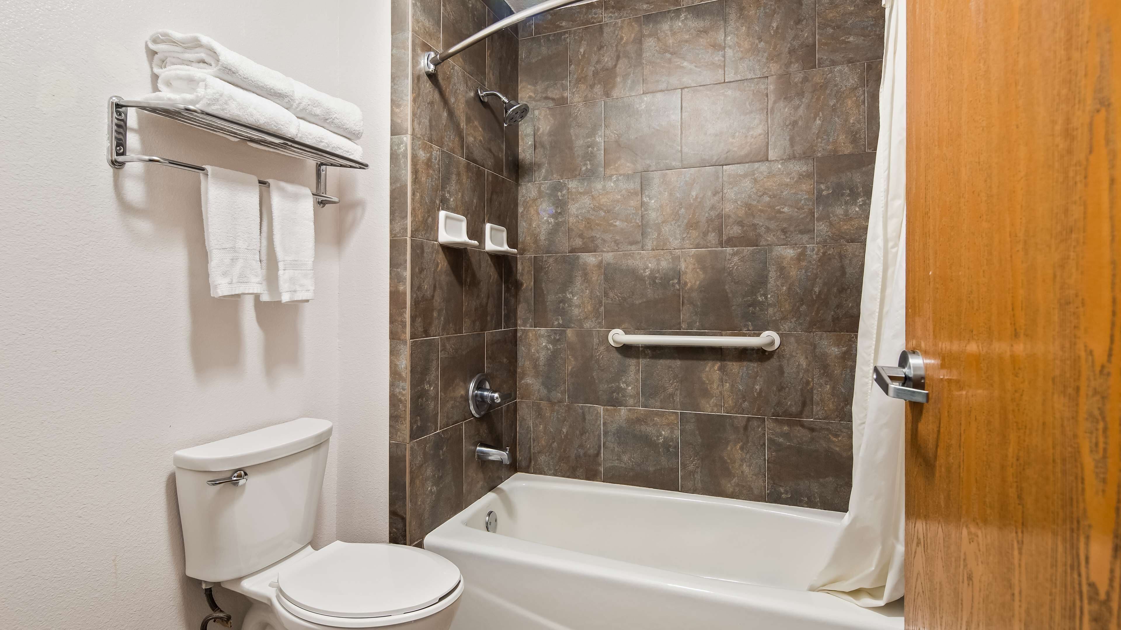 combined shower/bathtub, free toiletries, hair dryer, towels