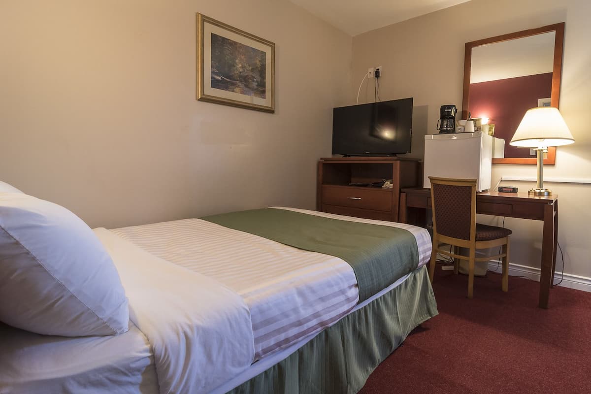 Habitación de hotel con cama, escritorio, silla, televisor y lámpara.
