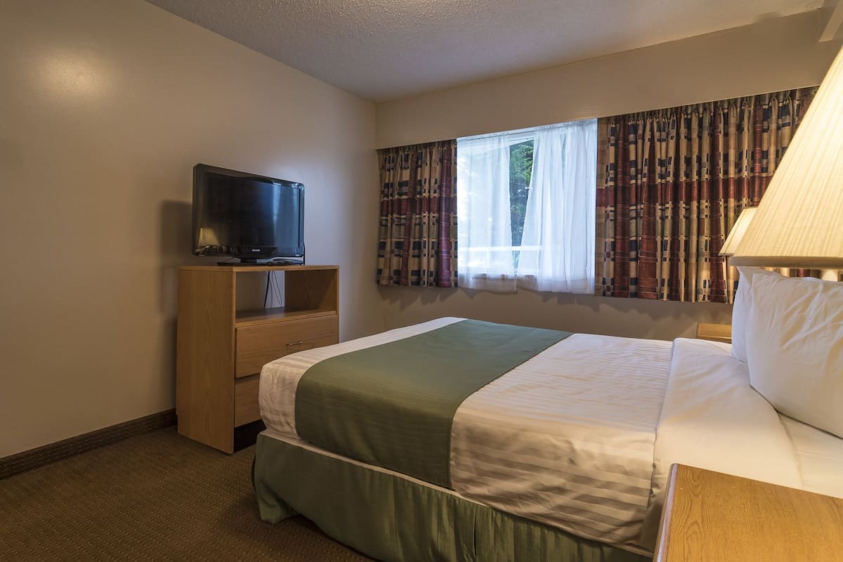 Habitación de hotel con cama, televisor sobre un soporte de madera, ventana con cortinas y una lámpara.