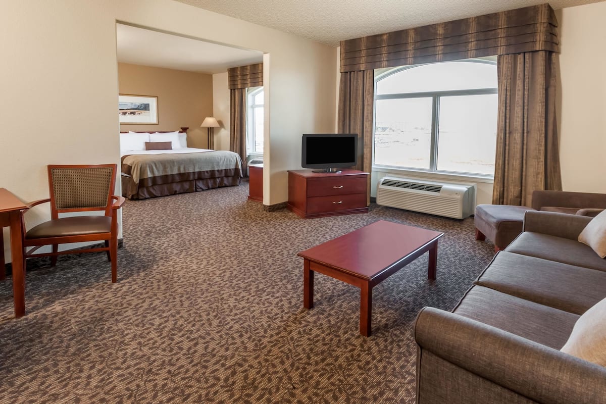 A hotel room with a bed, a TV, a sofa, a chair, a desk, and a large window with curtains.