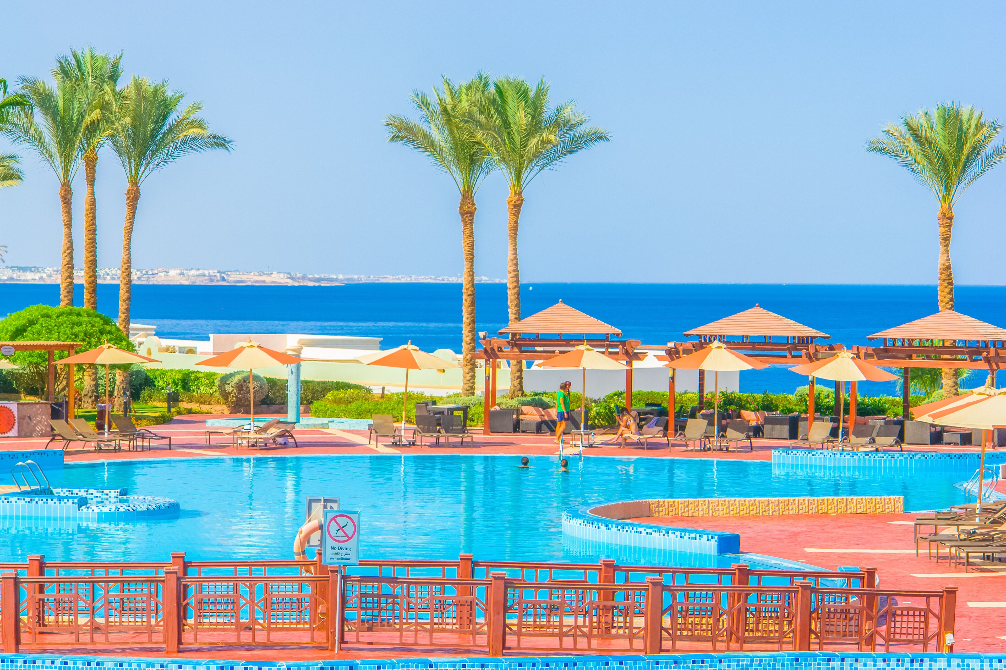 Zona de piscina con sillones de descanso y sombrillas, palmeras y vista al mar.