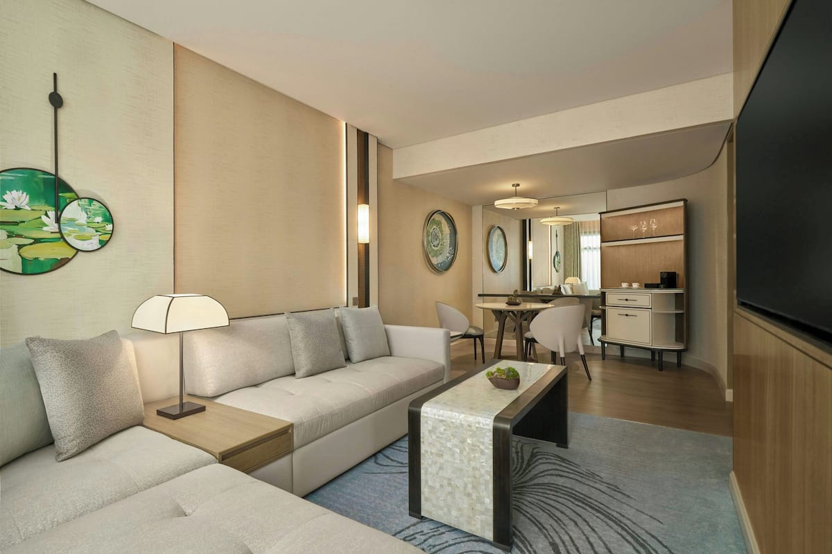Club Lounge Access, Premier Suite, 1 King, Grand Opera Tower | Living room | 55-inch LED TV with cable channels