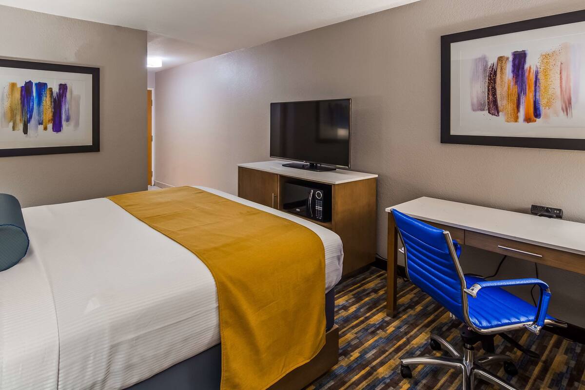 A hotel room with a bed, a desk, a chair, a television, and artwork on the walls.