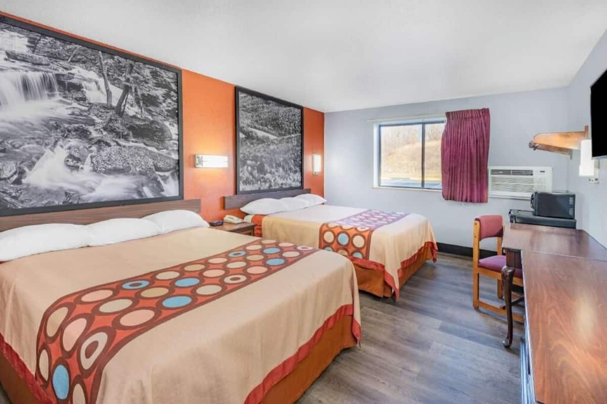 Desk, laptop workspace, blackout curtains, free WiFi