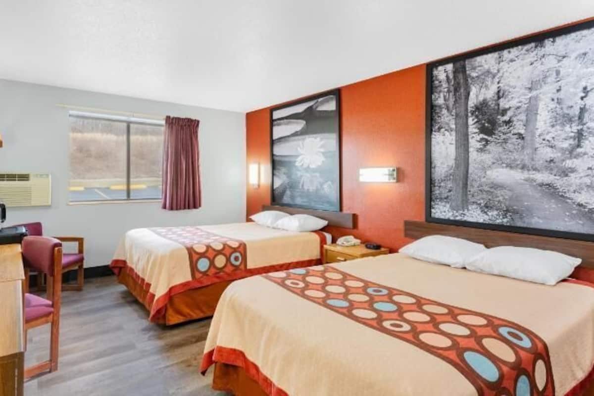 Desk, laptop workspace, blackout curtains, free WiFi