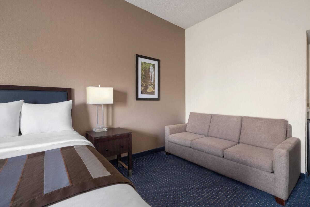 A hotel room with a bed, a nightstand with a lamp, a sofa, and a framed picture on the wall.
