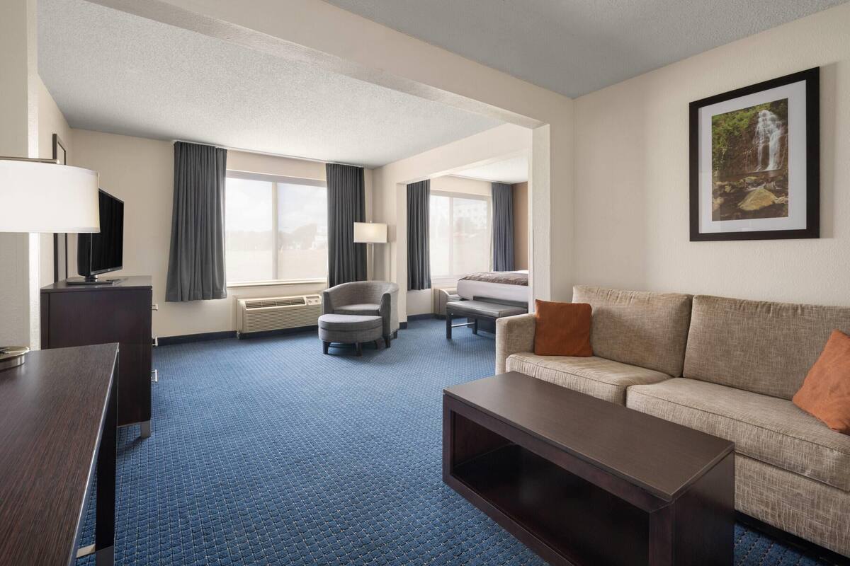 A hotel room with a blue carpet, a sofa, a chair, a TV, and a framed picture on the wall.