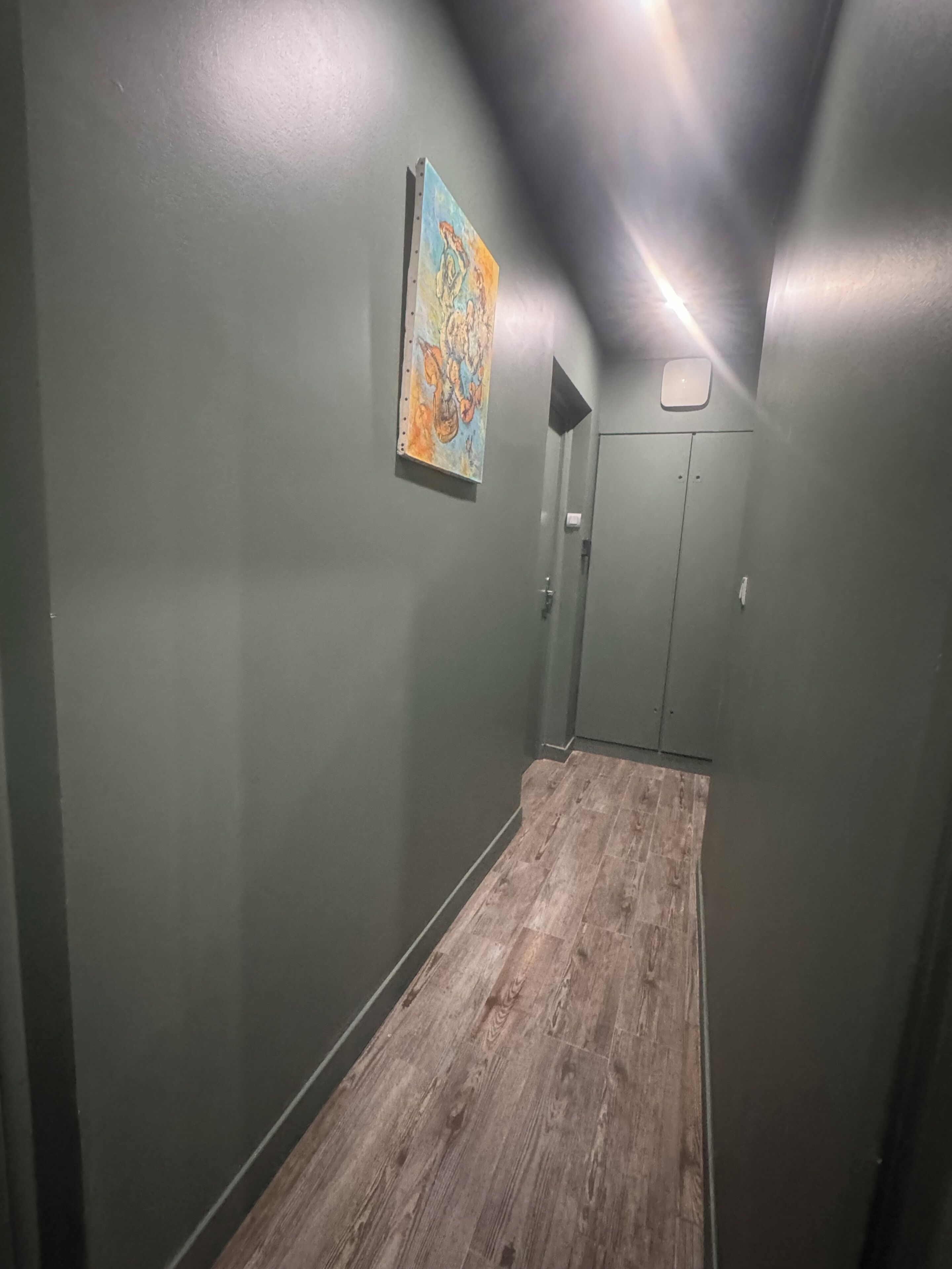 A narrow hallway with a wooden floor, a door on the right, and a colorful painting on the left wall.