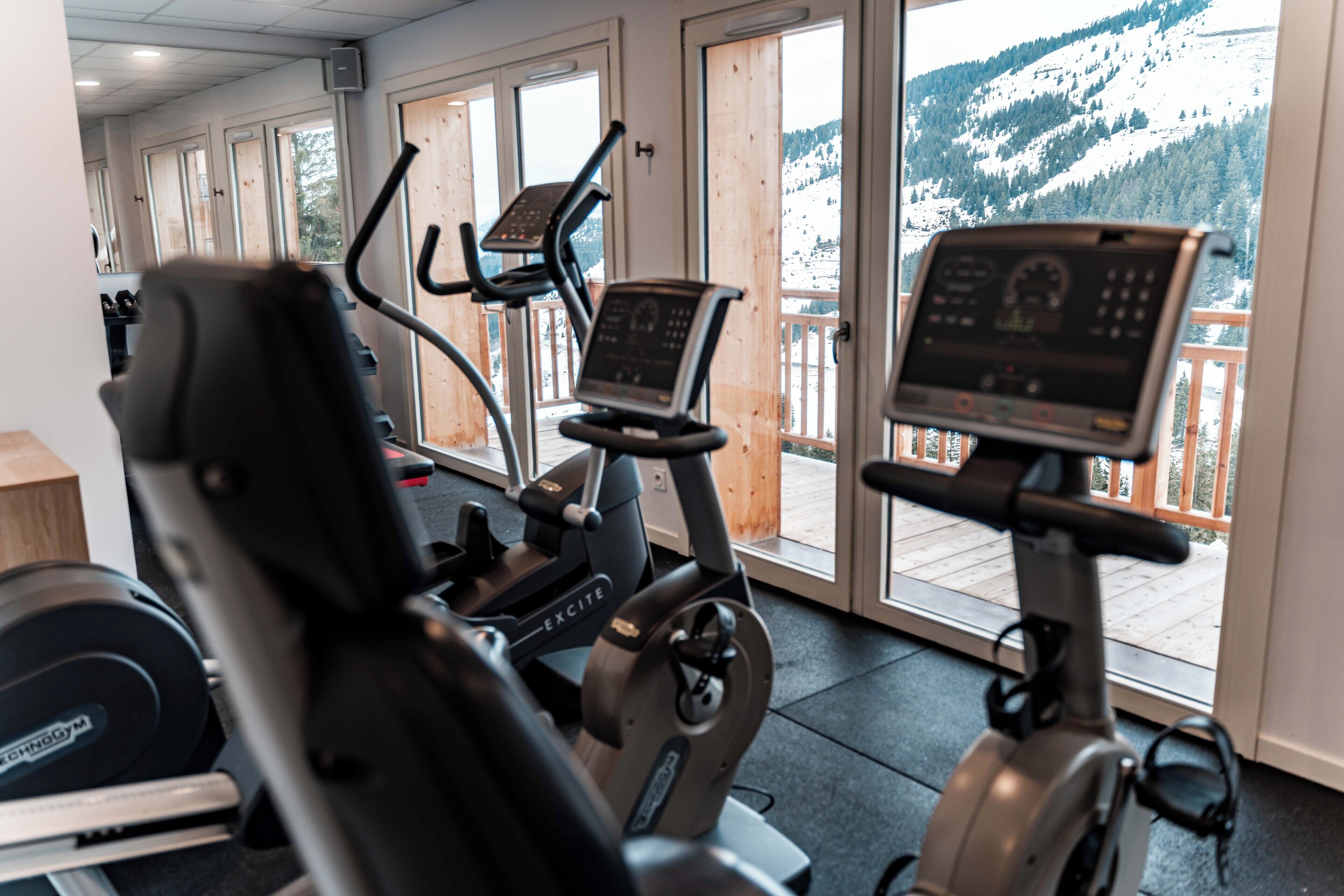 Et fitnessrum med træningsmaskiner og udsigt til snedækkede bjerge.