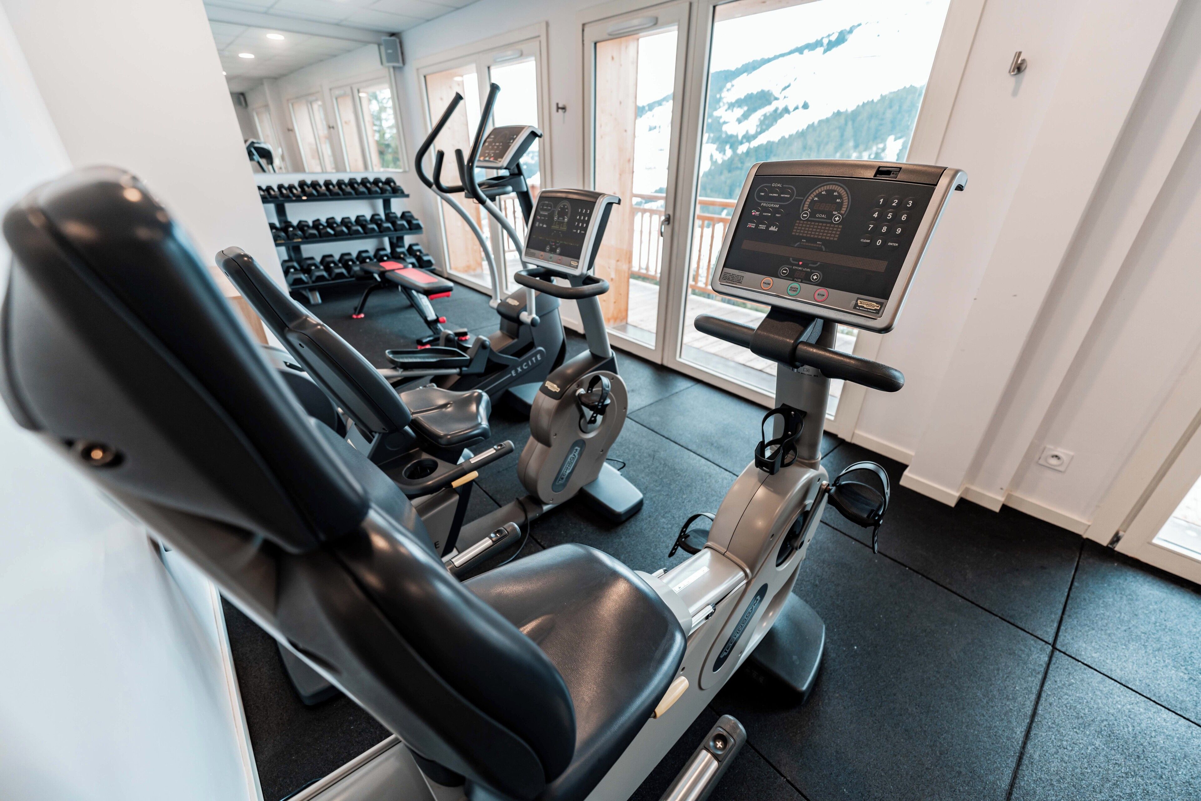A gym with cardio machines, dumbbells, and a view of mountains through the windows.