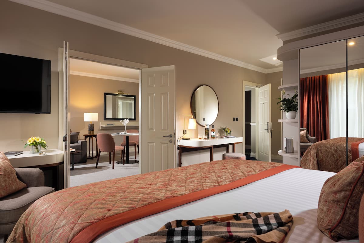 A hotel room with a large bed, a desk, a chair, a television, and a mirror.