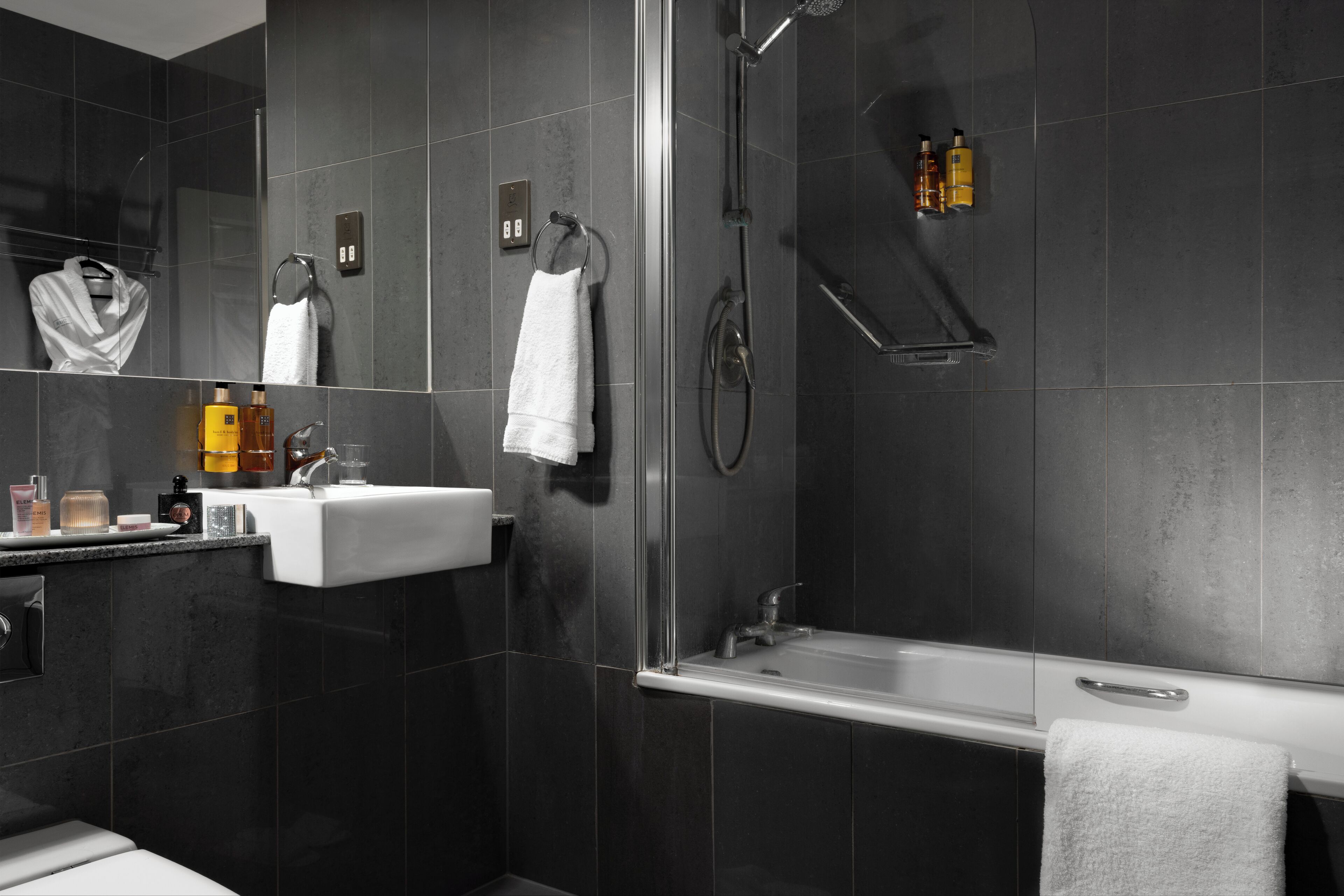 combined shower/bathtub, free toiletries, hair dryer, towels