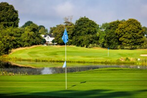 Un campo de golf con un mástil de bandera en primer plano, un estanque en el centro y una casa al fondo.