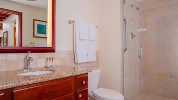 A bathroom with a granite countertop sink, wooden vanity, white toilet, glass shower enclosure, and a framed picture on the wall.
