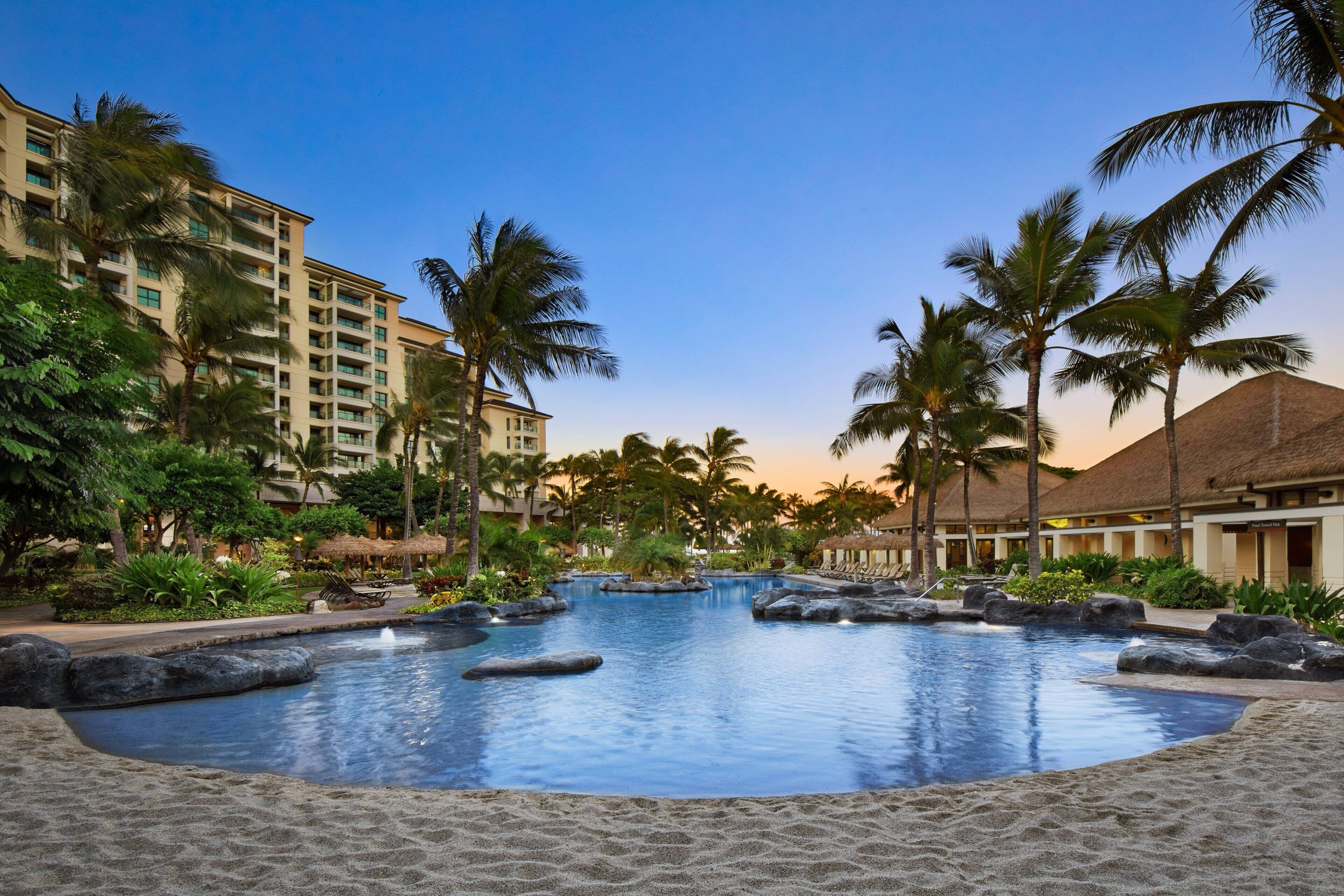 A resort pool with palm trees and a building in the background.