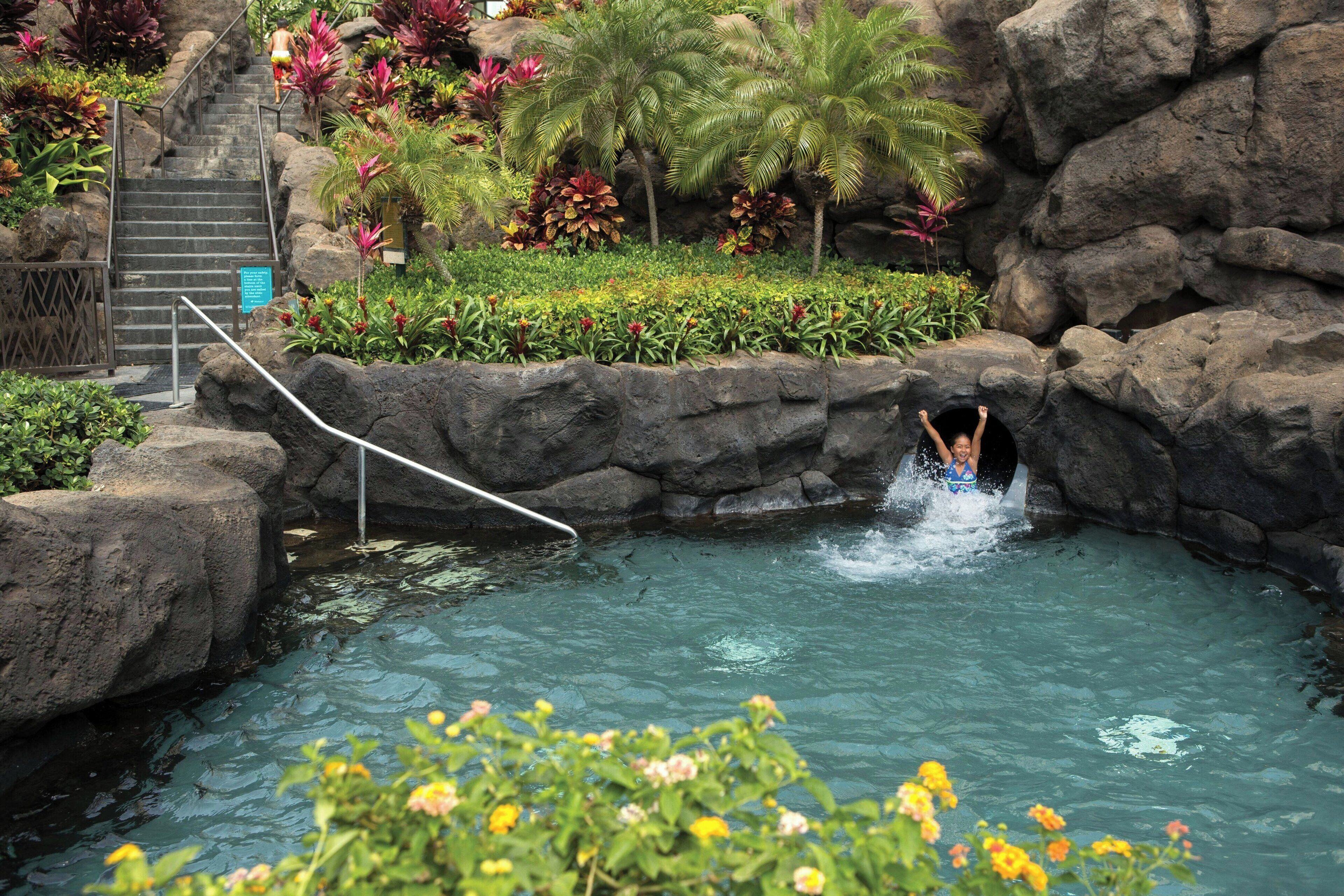 Un área de piscina con un muro de piedra, escaleras y diversas plantas.