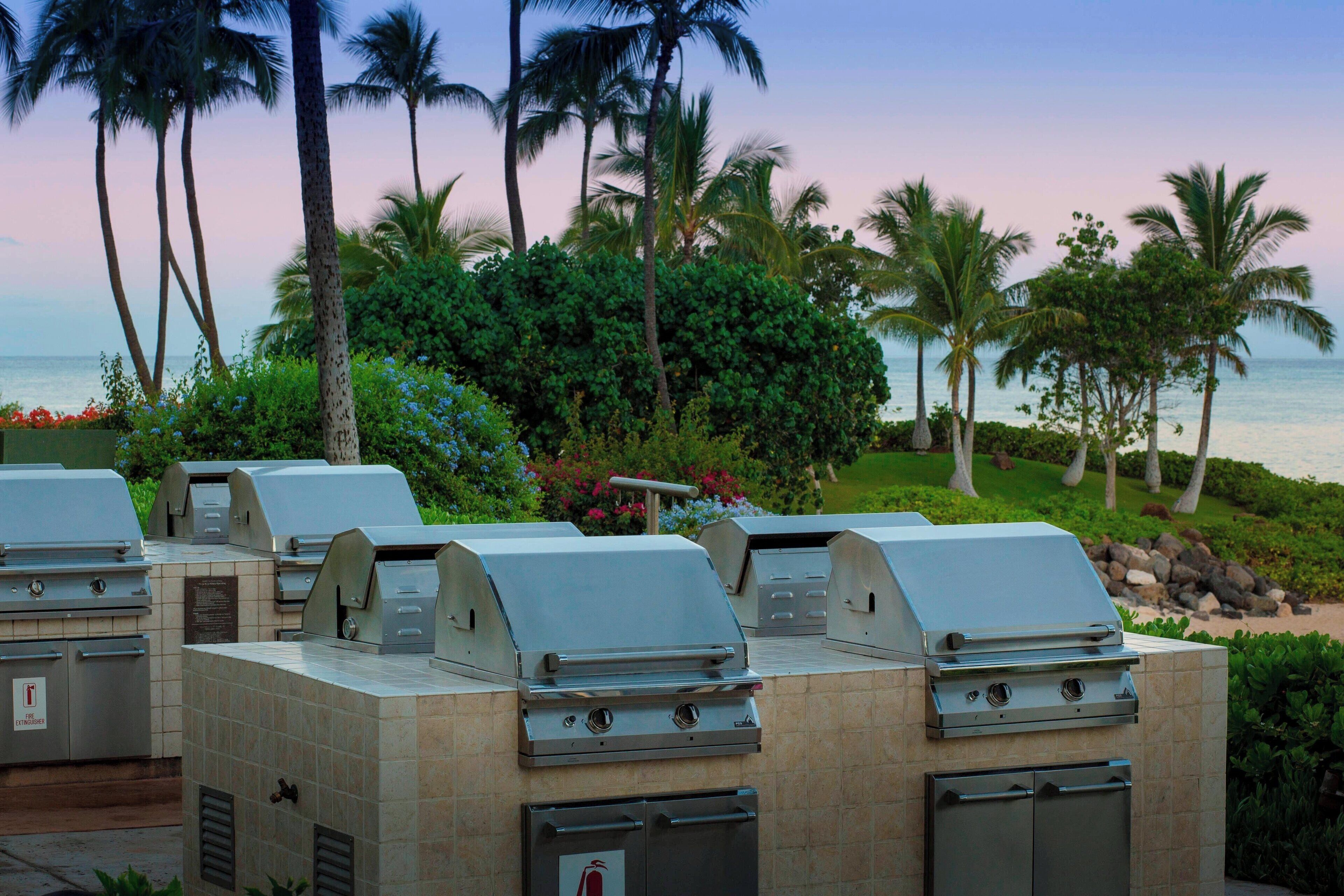 Buitenbarbecues met uitzicht op de oceaan en palmbomen.